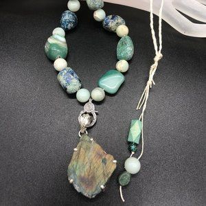 Necklace - Diamond Clasp, Rough Labradorite, Tumbled Turquoise, Amazonite